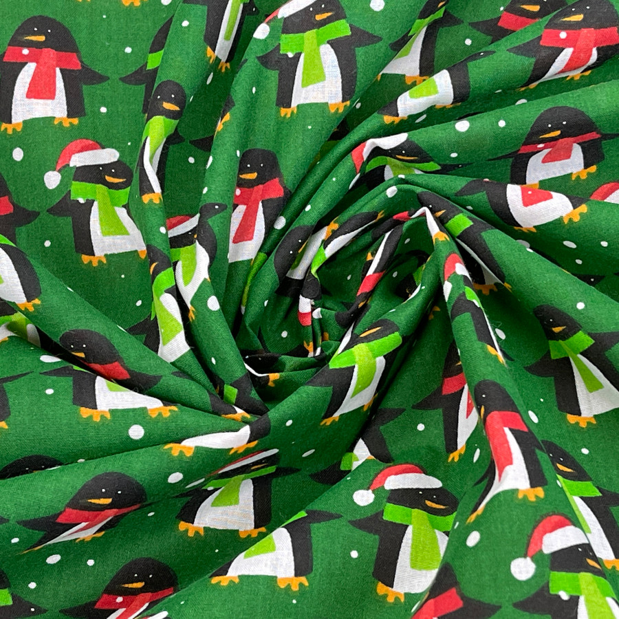 Xmas Penguins & Snow Polycotton Fabric, Green Xmas Penguins & Snow Polycotton Fabric, Green