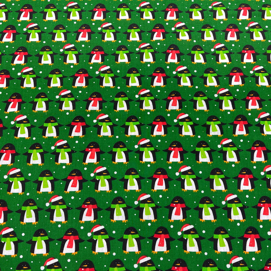 Xmas Penguins & Snow Polycotton Fabric, Green Xmas Penguins & Snow Polycotton Fabric, Green
