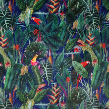 Rainforest Tropical Digital Print Plush Velvet Curtain Fabric, Navy