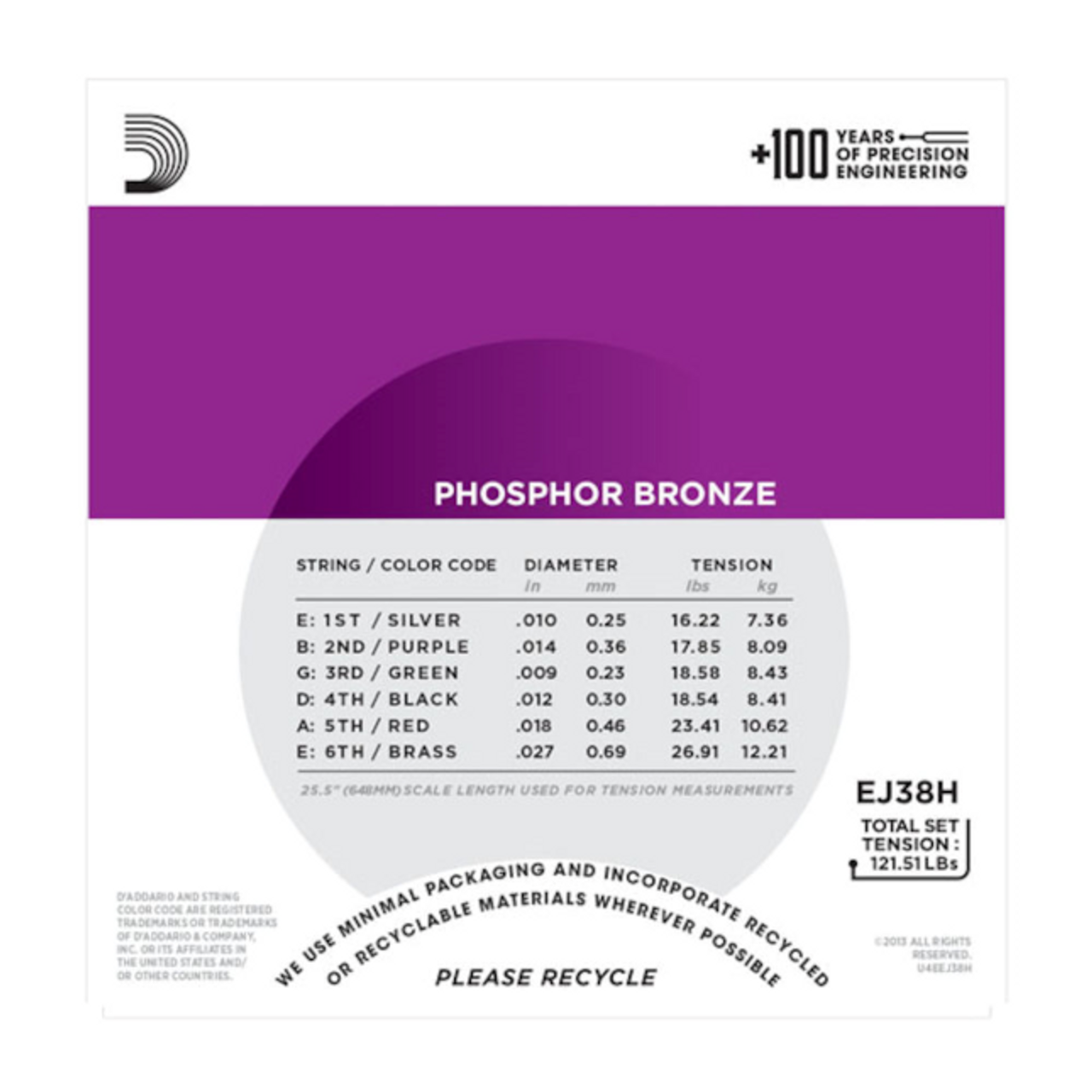 D'Addario EJ38H Phosphor Bronze Acoustic Guitar Strings, High Strung/Nashville Tuning, 10-27