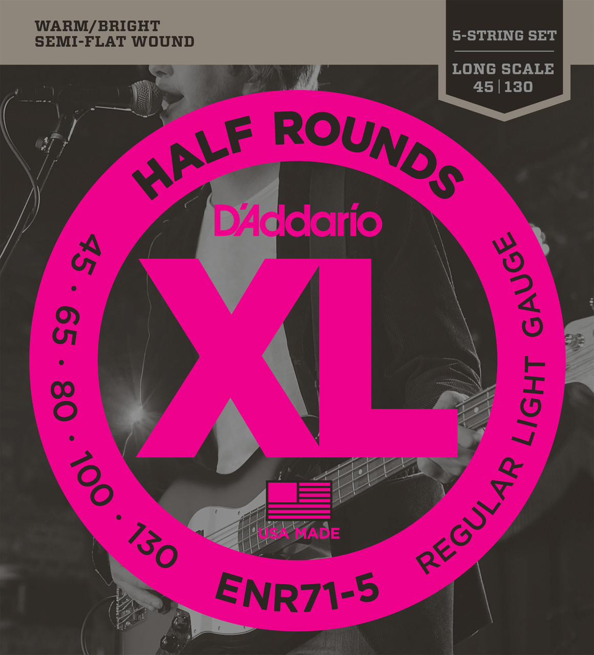 D'Addario ENR71-5 Half Round 5-String Bass Guitar Strings, Regular Light, 45-130, Long Scale