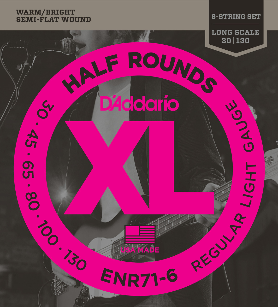 D'Addario ENR71-6 Half Round Bass Guitar Strings, Regular Light, 30-130, Long Scale