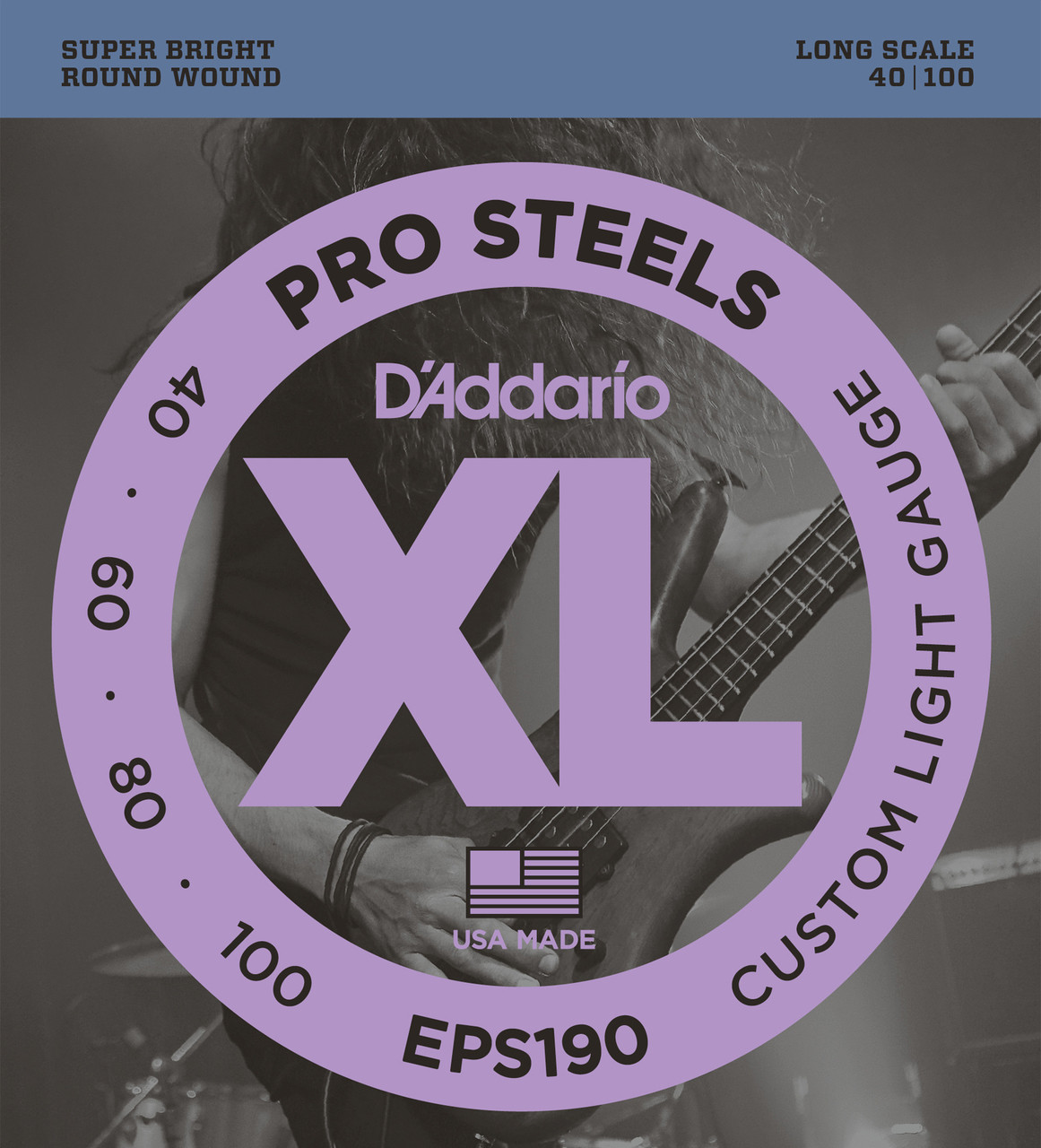 D'Addario EPS190 ProSteels Bass Guitar Strings, Custom Light, 40-100, Long Scale