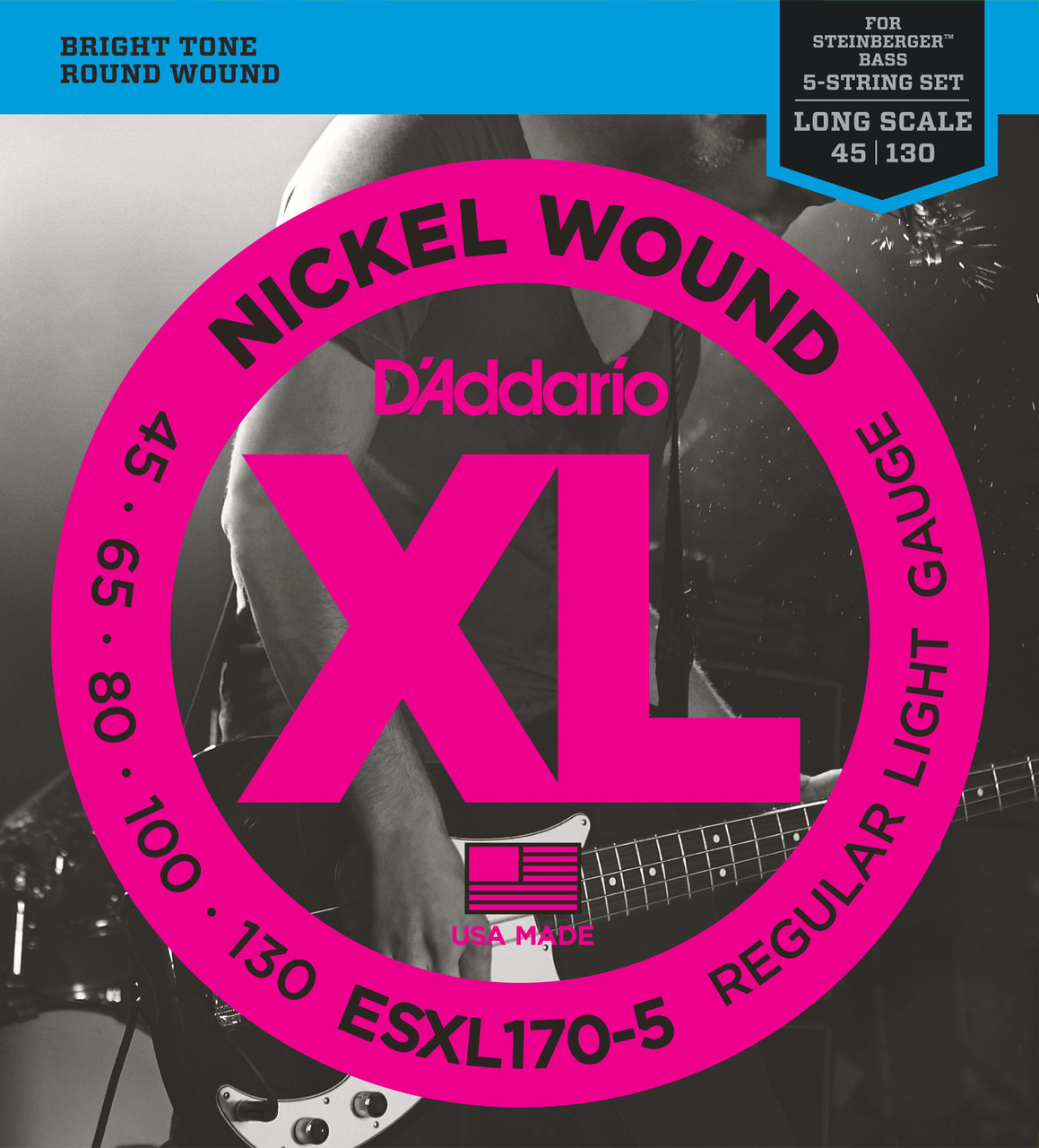 D'Addario ESXL170-5 Nickel Wound 5-String Bass Guitar Strings, Light, 45-130, Double Ball End, Long Scale