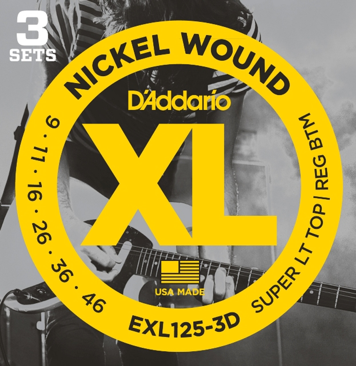 D'Addario EXL125-3D Nickel Wound Electric Guitar Strings, Super Light Top/Regular Bottom, 9-42, 3 Sets