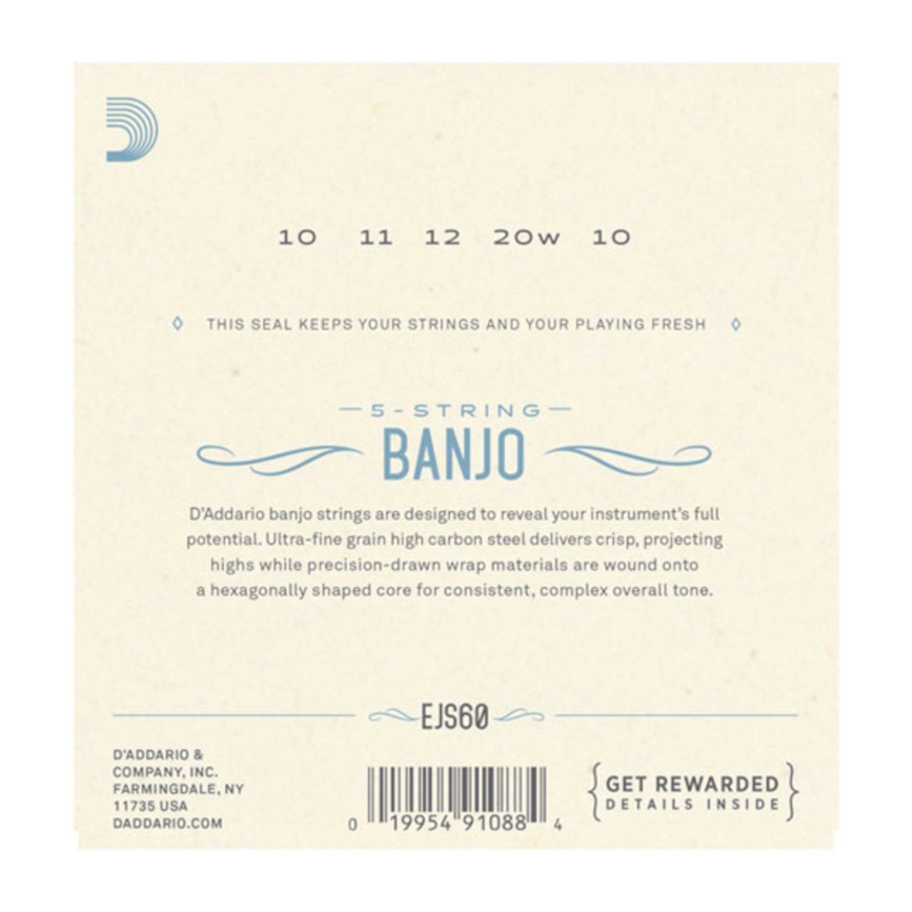 D'Addario EJS60 5-String Banjo, Stainless Steel, Light, 10-20