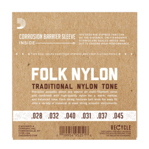 D'Addario EJ33 Folk Nylon Guitar Strings, Ball End, 80/20 Bronze/Clear Nylon Trebles