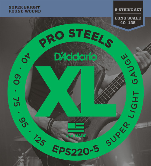 D'Addario EPS220-5 5-String ProSteels Bass Guitar Strings, Super Light, 40-125, Long Scale