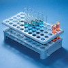 GLOBE SCIENTIFIC GRIP RACKS Grip Rack, Rack w/ Tube Grippers and Tube Eject for up to 15mm Tubes, 50-Place, Autoclave, Blue