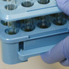 GLOBE SCIENTIFIC GRIP RACKS Grip Rack, Rack w/ Tube Grippers and Tube Eject for up to 15mm Tubes, 50-Place, Autoclave, Blue