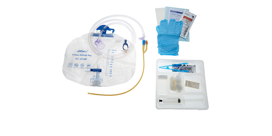 AMSINO AMSURE® CATHETER TRAYFoley Catheter, Silicone Coated, 16FR, 5cc, 2000mL Urine Bag, Sterile, 10/cs