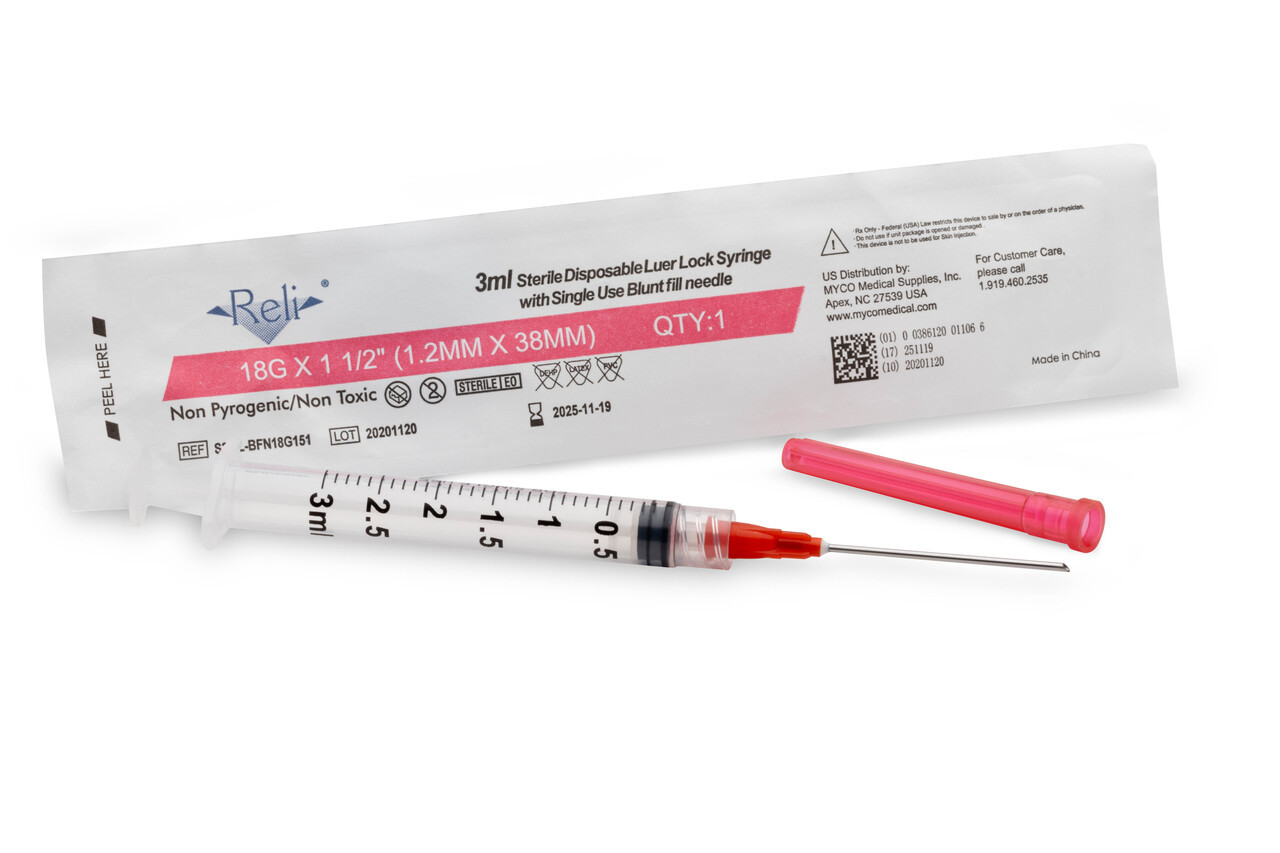 MYCO RELI® BLUNT FILL NEEDLES - Blunt Fill Needle with Syringe, 18g x 1.5", 3 mL Syringe, 100/bx (US Only)