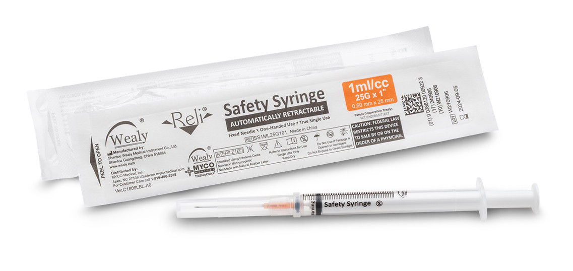 MYCO RELI® WEALY® SAFETY SYRINGES - Safety Syringe with Needle, 1 mL, 25G x 1.0", Sterile, Orange, 100/bx (Rx) (HAZMAT Fees Apply, cannot ship via Air or to AK, GU, HI, MP, PR, VI) (Available for Sale in US & Canada)