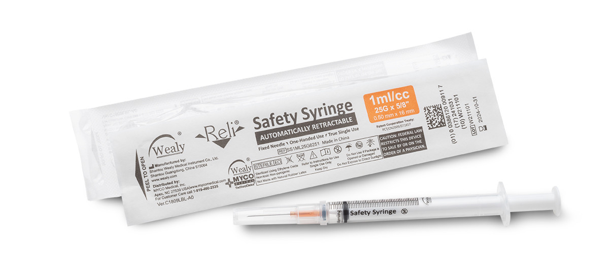 MYCO RELI® WEALY® SAFETY SYRINGES - Safety Syringe with Needle, 1 mL, 25G x 5/8", Sterile, Orange, 100/bx (Rx) (HAZMAT Fees Apply, cannot ship via Air or to AK, GU, HI, MP, PR, VI) (Available for Sale in US & Canada)
