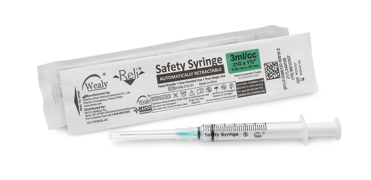 MYCO RELI® WEALY® SAFETY SYRINGES - Safety Syringe with Needle, 3 mL, 21G x 1.5", Sterile, Deep Green, 100/bx (Rx) (HAZMAT Fees Apply, cannot ship via Air or to AK, GU, HI, MP, PR, VI) (Available for Sale in US & Canada)