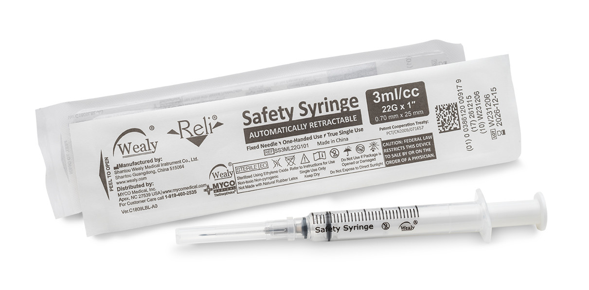 MYCO RELI® WEALY® SAFETY SYRINGES - Safety Syringe with Needle, 3 mL, 22G x 1", Sterile, Deep Green, 100/bx (Rx) (HAZMAT Fees Apply, cannot ship via Air or to AK, GU, HI, MP, PR, VI) (Available for Sale in US & Canada)