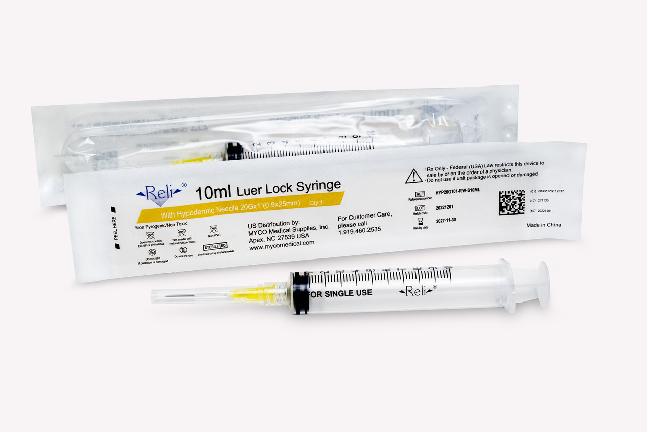 MYCO RELI® CONVENTIONAL HYPODERMIC NEEDLE W/SYRINGE - Syringe with Detachable Hypodermic Needle, 3 mL, 20G x 1", Low Dead Space, Regular Wall/Bevel, 100/bx (US Only)