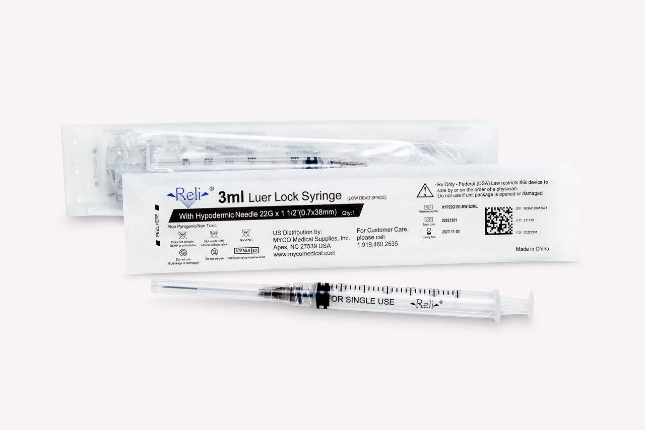 MYCO RELI® CONVENTIONAL HYPODERMIC NEEDLE W/SYRINGE - Syringe with Detachable Hypodermic Needle, 3 mL, 23G x 1", Low Dead Space, Thin Wall, Regular Bevel, 100/bx (US Only)