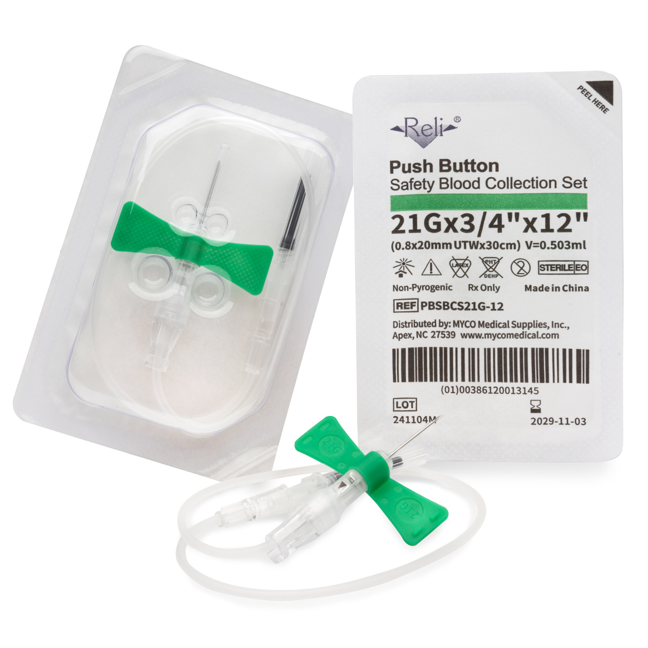 MYCO RELI® SAFETY BLOOD COLLECTION - Push Button Safety Blood Collection Set, 23G x ¾”, 12” Tubing,  50/BX, 4BX/CS (US Only)