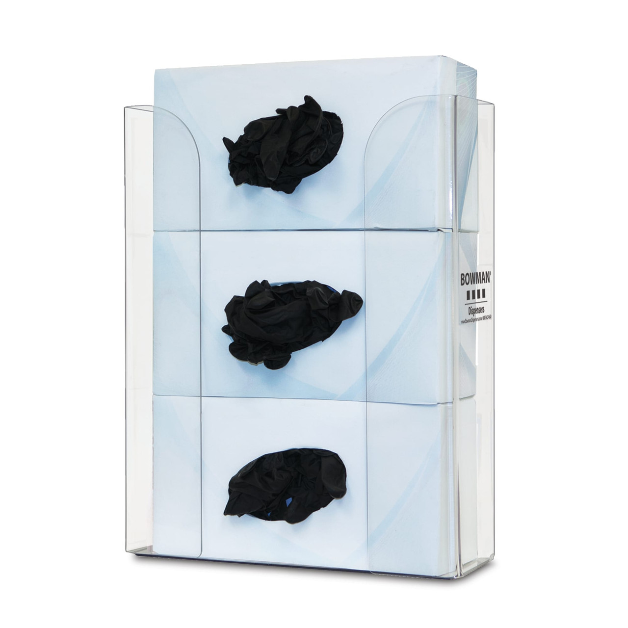 MARKETLAB BOWMAN GLOVE BOX DISPENSERS - Glove Box Dispenser, Triple, Holds Three Boxes of Gloves Horizontally, Keyhole For Vertical Wall Mounting, Clear PETG Plastic, 11 3/16"W x 14 3/8"H x 3 11/16"D (Made in USA)