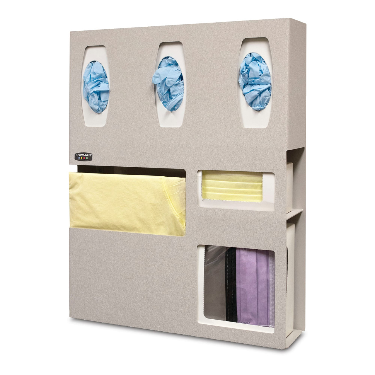MARKETLAB BOWMAN PROTECTION ORGANIZER - Protection Organizer, Holds Flat Pack or Launderable Gowns, Three Boxes of Gloves, One Box of Face Masks & One Box of Face Shields, Keyholes For Wall Mounting, Door Hanger Cut-Out, Quartz ABS Plastic, 20 1/16"W