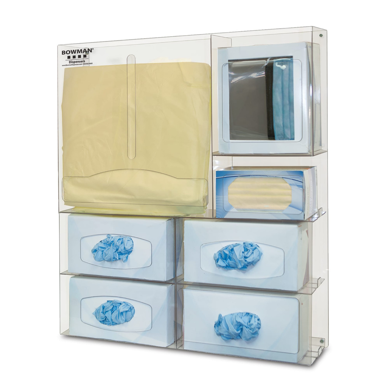 MARKETLAB BOWMAN PROTECTION ORGANIZER - Proctection System, Holds Variety of Gowns, One Box of Earloop Face Masks, One Box of Shield Style Face Masks, Varitey of Medical Supplies in Bult-in Storage Area Keyholes for Wall Mounting, or Door Hanger Cut 