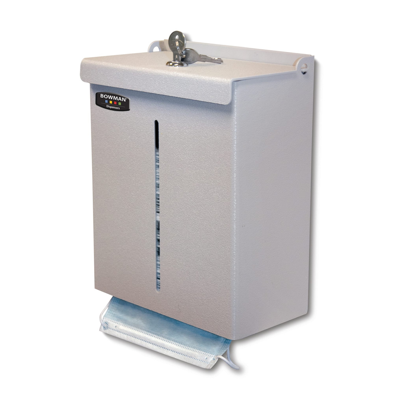 MARKETLAB BOWMAN FACE MASK DISPENSERS - Face Mask Dispenser - Locking: This dispenser holds two - three boxes of earloop masks in bulk, It features a locking lid with a pivot hinge, Designed as a top loading, bottom dispensing product, it reduces the