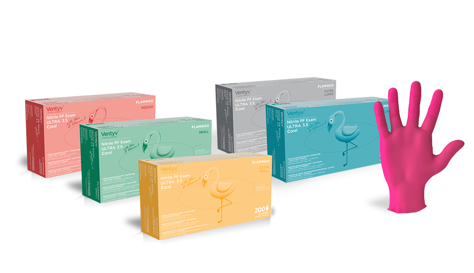Glove, Exam, Nitrile, Powder-Free (PF), Polymer Coated, Aloe & Vitamin E, Textured, Beaded Cuff, Coral, X-Small (FLAMINGO)