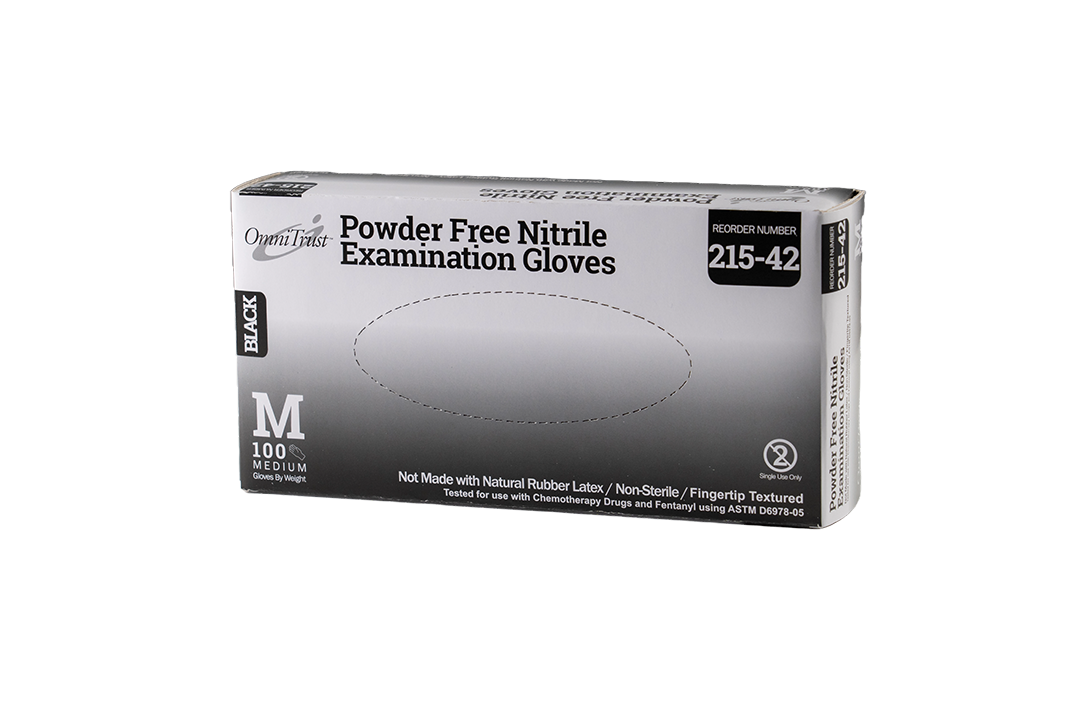 OMNI INTERNATIONAL OMNITRUST™ NITRILE POWDER FREE EXAMINATION GLOVE Exam Glove, Nitrile, 5.0g, Medium, Power Free (PF), Black, 100/bx, 10bx/cs
