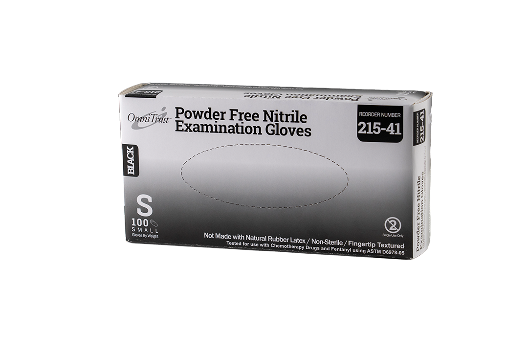 OMNI INTERNATIONAL OMNITRUST™ NITRILE POWDER FREE EXAMINATION GLOVE Exam Glove, Nitrile, 5.0g, Small, Power Free (PF), Black, 100/bx, 10bx/cs