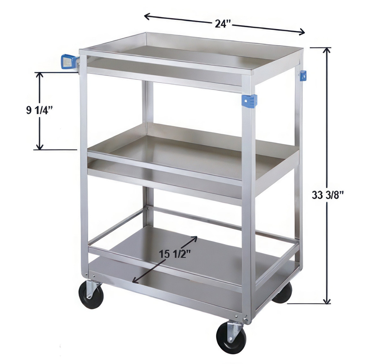 LAKESIDE GUARD RAIL CARTS - Cart, 16¼"W x 27½"L x 33 3/8"H, 300 lb Capacity, 3 Shelves, 3½" Swivel Casters, 15½" x 24" Shelf, 9¼" Clearance