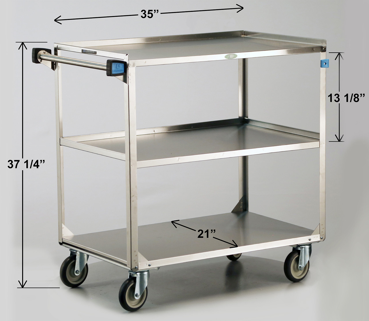 LAKESIDE UTILITY CARTS STAINLESS STEEL ANGLE LEG - Medium Duty Cart, 3 Shelves, 22 3/8"W x 39¼"L x 37¼"H, 500 lb Capacity, 5" Swivel Casters, 21" x 35" Shelf, 13 1/8" Clearance