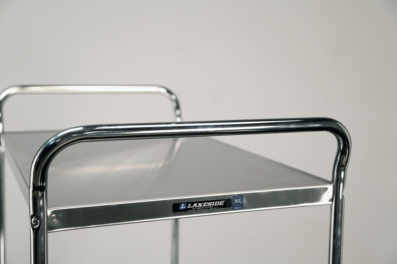 LAKESIDE UTILITY CARTS - STAINLESS STEEL TUBULAR MODEL - Medium Duty Cart, 2 Shelves, 23"W x 36"L x 40 1/8"H, 500 lb Capacity, 5" Swivel Casters, Chrome Plated Legs/ Frame, 21" x 33" Shelf, 21½" Clearance