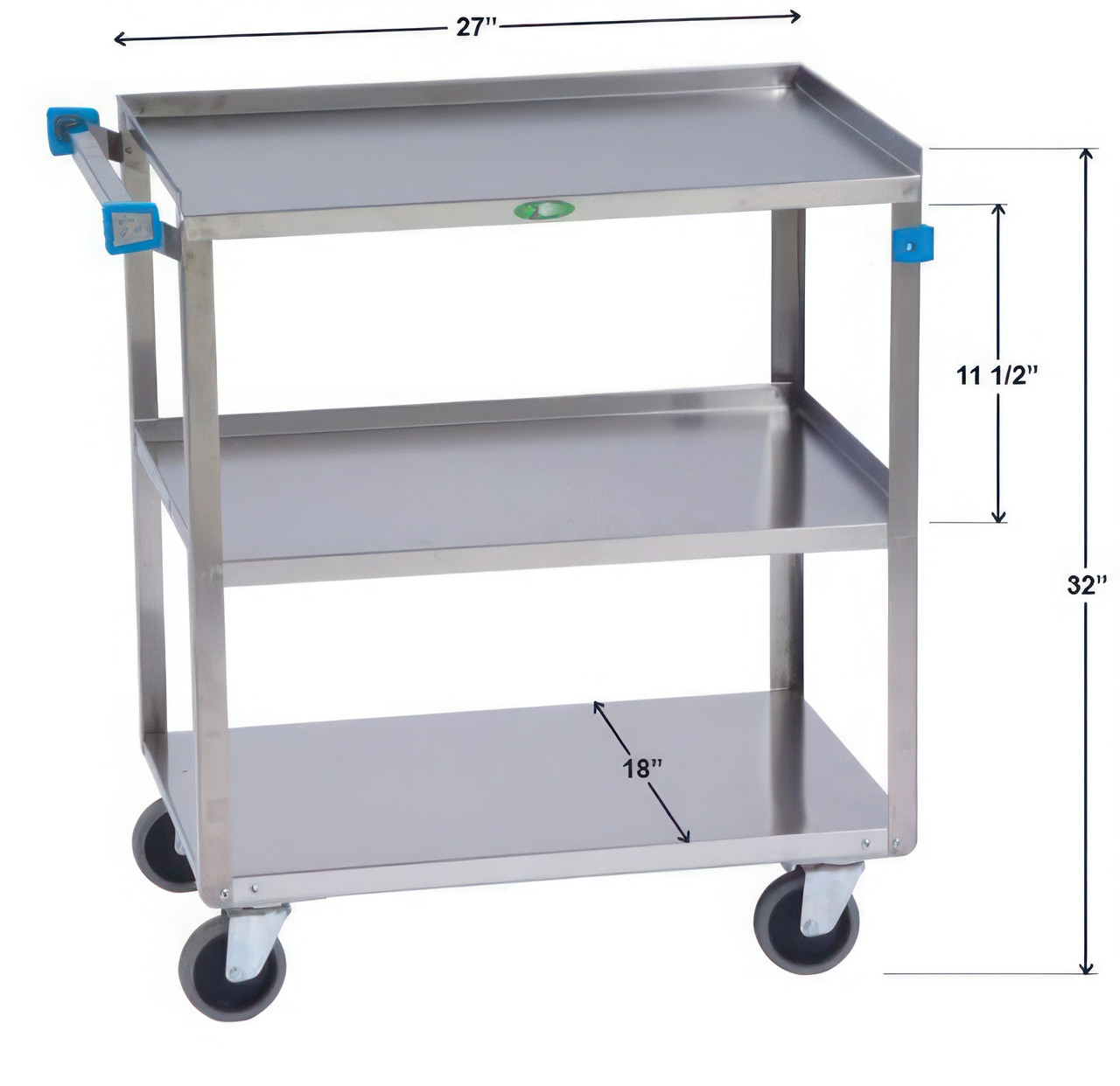 LAKESIDE UTILITY CARTS STAINLESS STEEL ANGLE LEG - Medium Duty Cart, 3 Shelves, 19"W x 31"L x 32"H, 500 lb Capacity, 4" Swivel Casters, 18" x 27" Shelf, 11½" Clearance