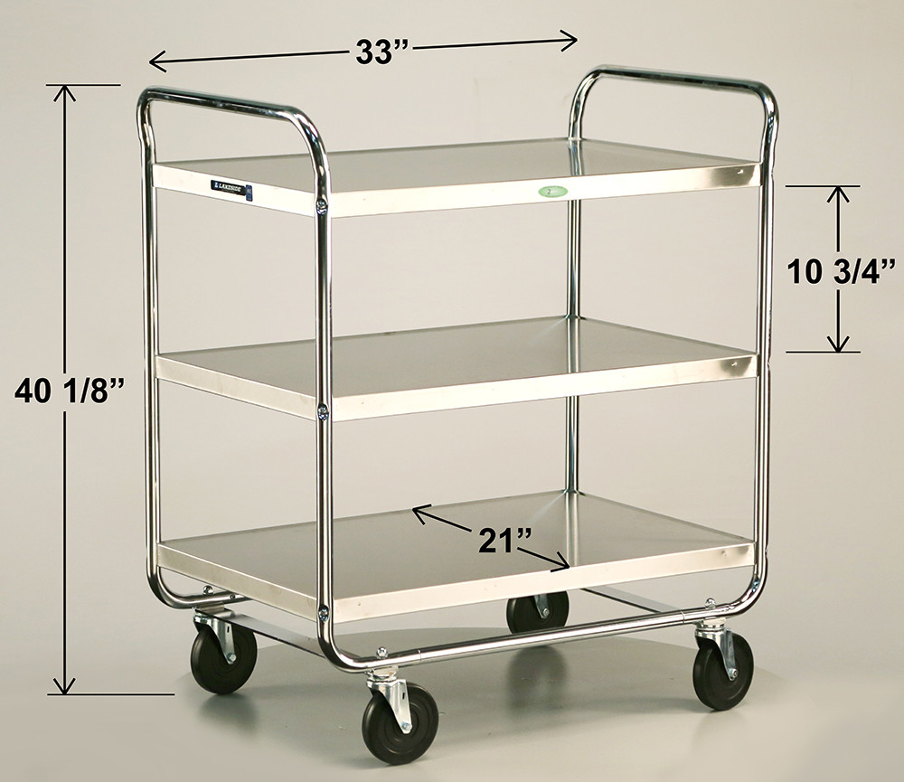 LAKESIDE UTILITY CARTS - STAINLESS STEEL TUBULAR MODEL - Medium Duty Cart, 3 Shelves, 23"W x 36"L x 40 1/8"H, 500 lb Capacity, 5" Swivel Casters, Chrome Plated Legs/ Frame, 21" x 33" Shelf, 10¾" Clearance