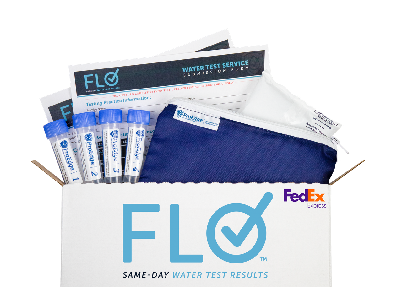 PROEDGE DENTAL FLO™ WATER TESTING SERVICE KIT WITH SAME DAY RESULTS - Kit Contents: Mail-In Test Kit with (1) specimen vial, submission form, instructions for use, nylon pouch, overnight FedEx shipping label with FedEx clinical pack, insulated mailer