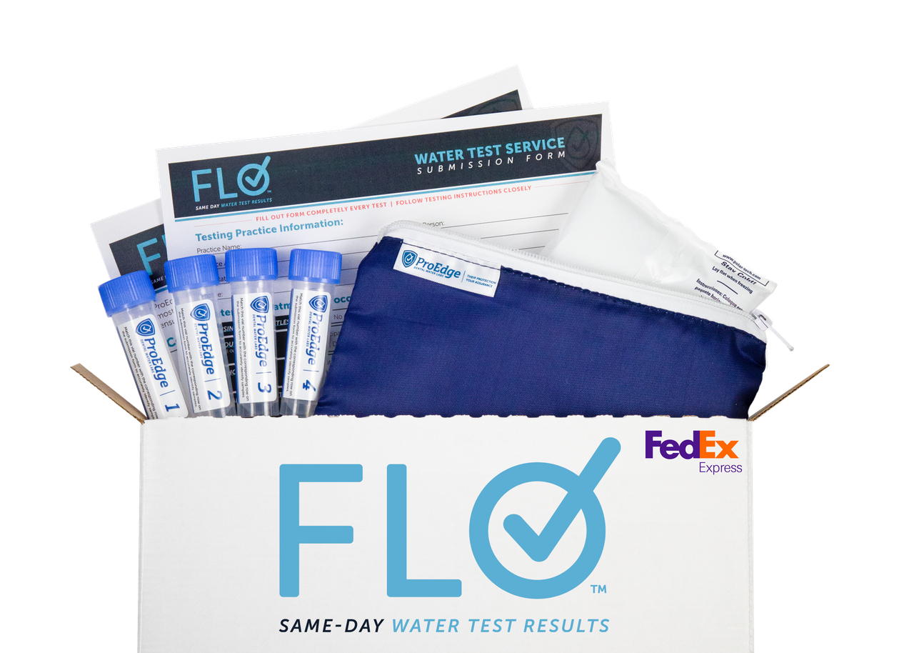 PROEDGE DENTAL FLO™ WATER TESTING SERVICE KIT WITH SAME DAY RESULTS - Kit Contents: Mail-In Test Kit with (6) specimen vials, submission form, instructions for use, nylon pouch, overnight FedEx shipping label with FedEx clinical pack, insulated maile