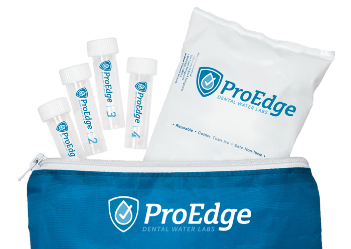 PROEDGE DENTAL EXPRESS R2A WATER TESTING SERVICE KIT WITH SHIPPING LABEL - Kit Contents: Mail-In Test Kit with (8) specimen vials, submission form, instructions for use, nylon pouch, overnight FedEx shipping label with FedEx clinical pack, insulated 