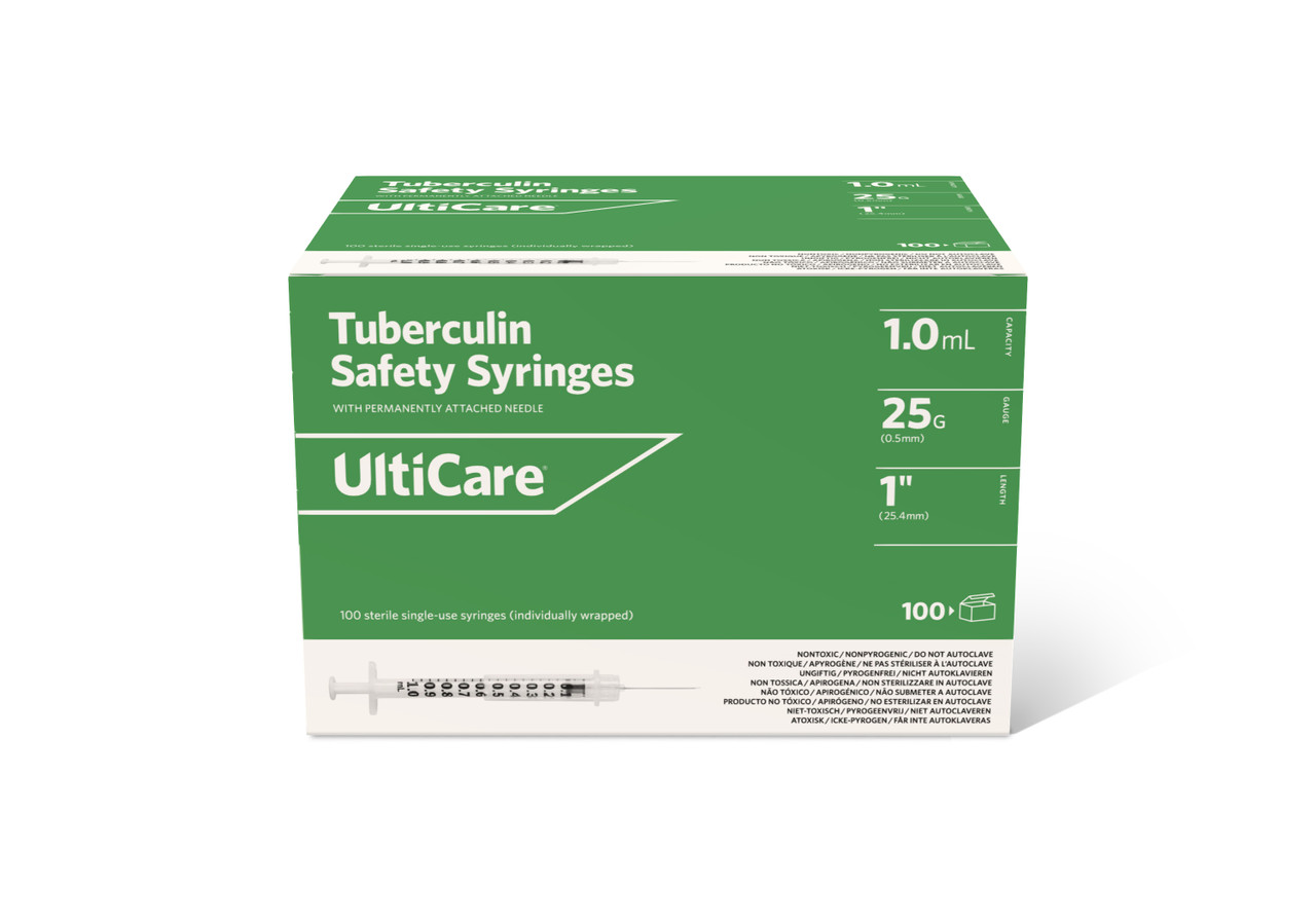 ULTIMED ULTICARE TUBERCULIN SAFETY SYRINGES - Safety Syringe, Fixed Needle, Tuberculin, 1mL, 25G x 1", 100/bx