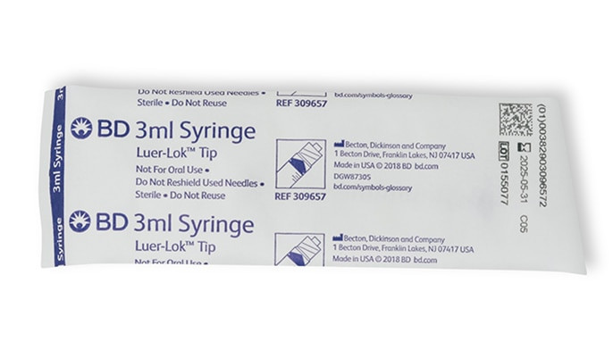 BD Syringe Only, 3mL, Luer-Lok™ Tip, Sterile, Individually Wrapped, 200/bx, 4bx/cs (Continental US Only)