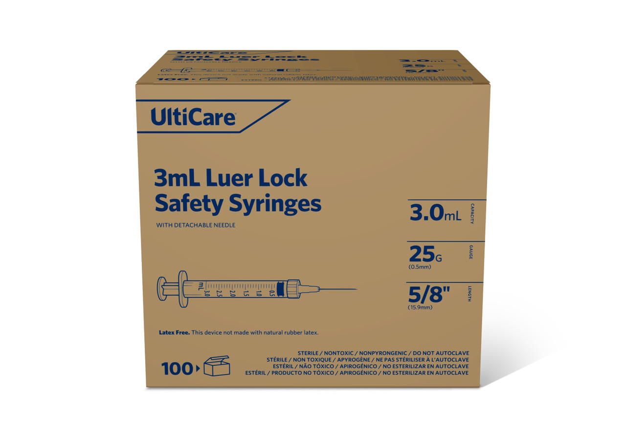 ULTIMED ULTICARE 3ML SAFETY SYRINGE - Safety Syringe, Detachable Needle, 3mL, 25G x 5/8", 100/bx