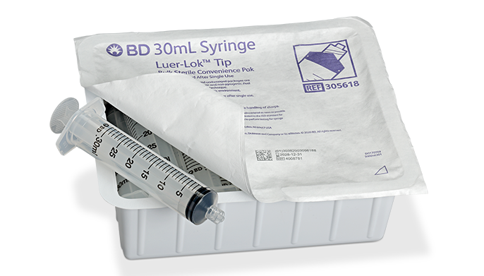 BD Syringe, 30mL, Luer-Lok™ Tip, Sterile Convenience Pack Tray, Latex Free (LF), 10 tray/pk, 12 pk/cs (Continental US Only)