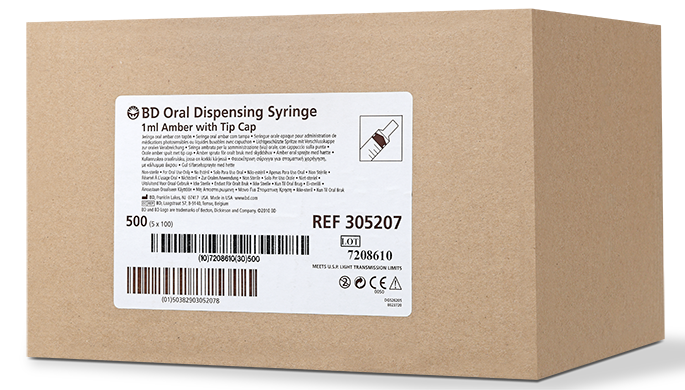 BD Oral Syringe, Amber, 1mL, Tip Cap, 100/pk, 5 pk/cs (Continental US Only)