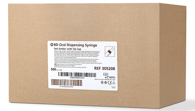 BD Oral Syringe, Amber, 5mL, Tip Cap, 100/pk, 5 pk/cs (Continental US Only)