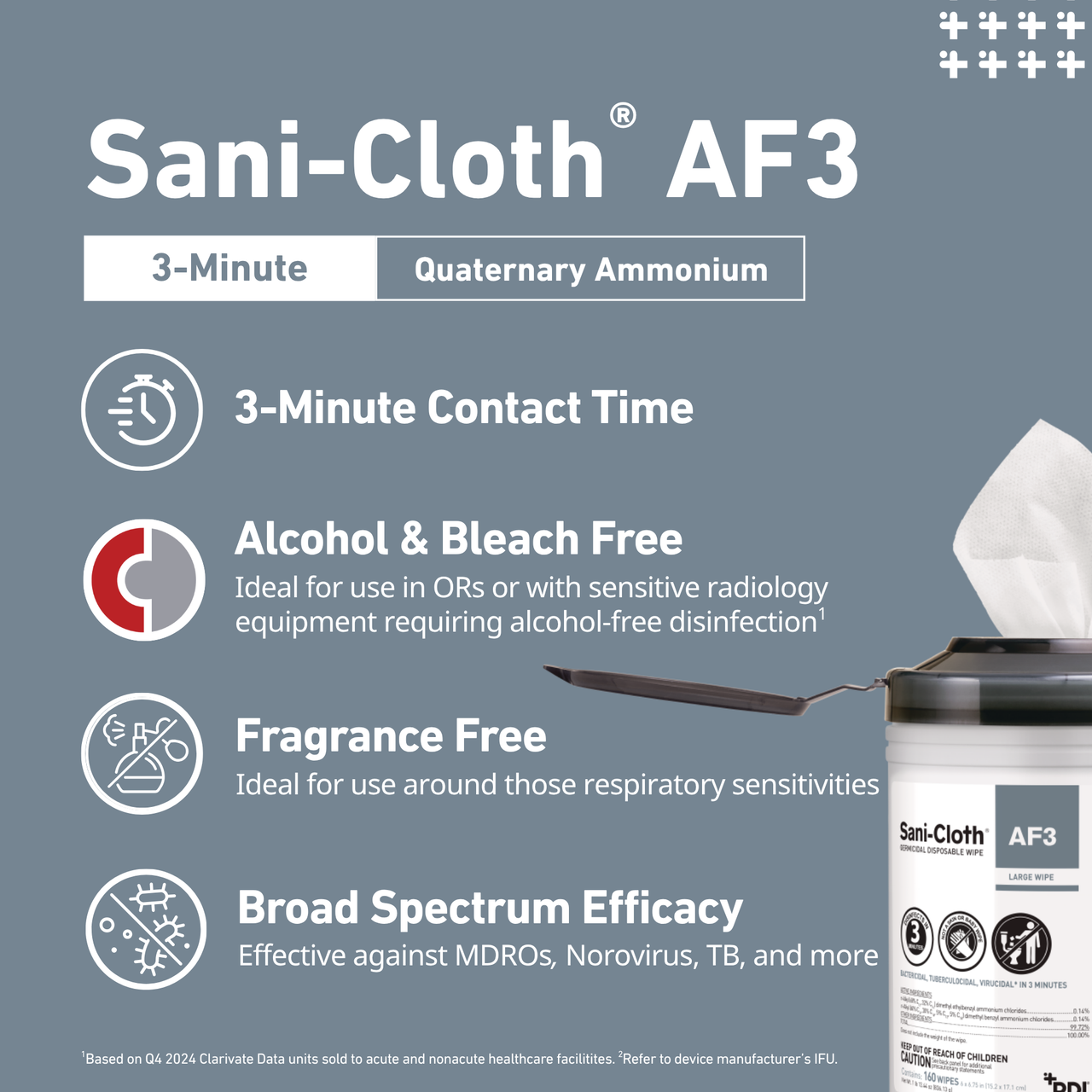 PDI SANI-CLOTH® AF3 GERMICIDAL DISPOSABLE WIPE AF3 Germicidal Disposable Wipe, Large, 6" x 6¾", 160/canister, 12 can/cs (30 cs/plt) (091237) (US Only)