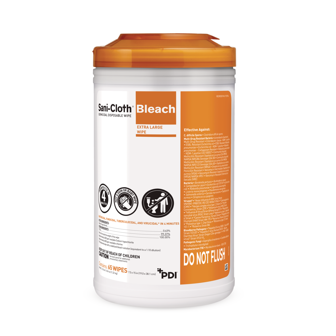 PDI SANI-CLOTH® BLEACH GERMICIDAL DISPOSABLE WIPE Bleach Germicidal Dispsoable Wipe, X-Large, 7½" x 15", 65 wipes/can, 6 can/cs (60 cs/plt) (Minimum Expiry Lead is 90 days) (US Only)