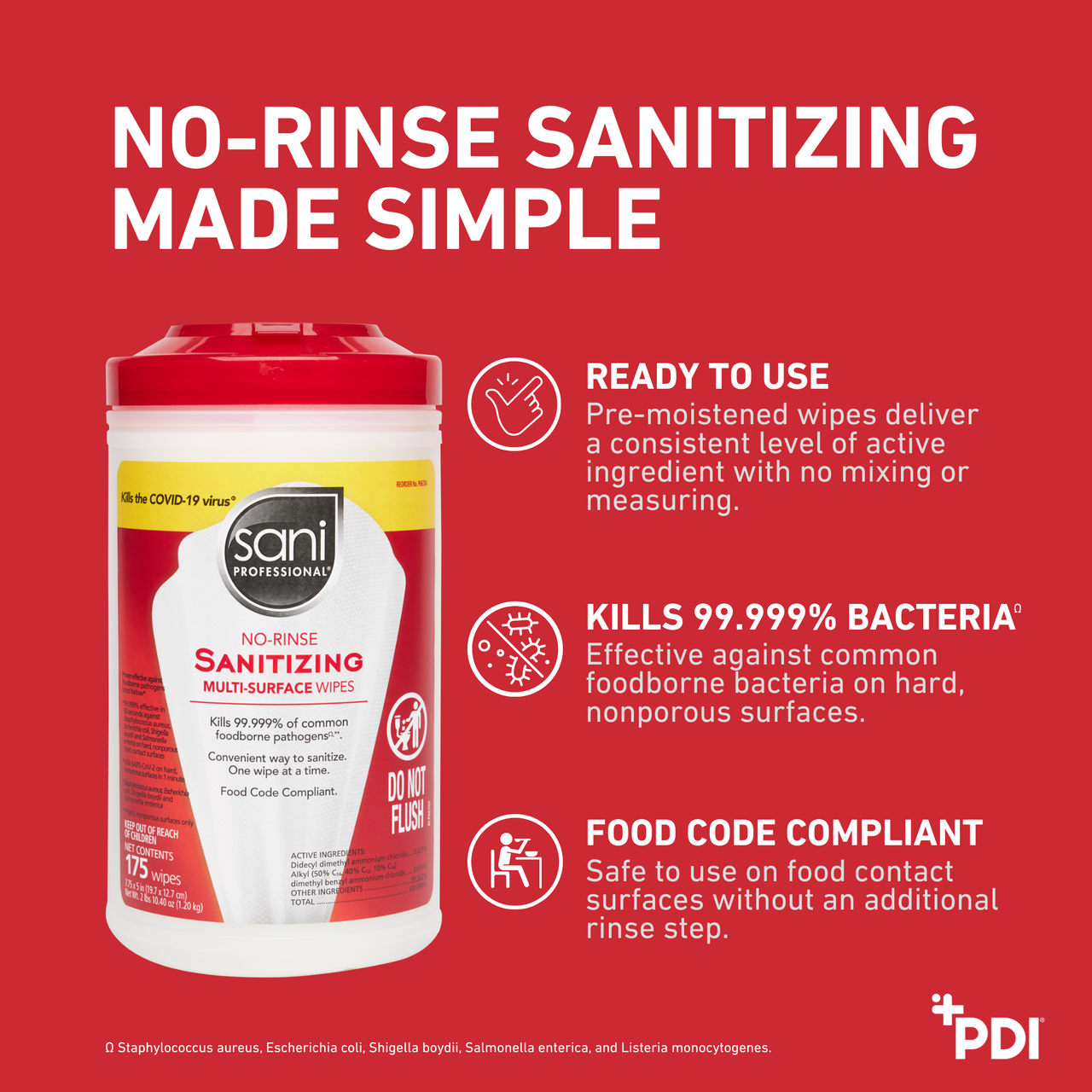 PDI SANI-WIPE™ NON-RINSE FOOD CONTACT HARD-SURFACE SANITIZING WIPE Sanitizing Wipes, 7.75" x 5", 175/can, 6 can/cs (US Only)