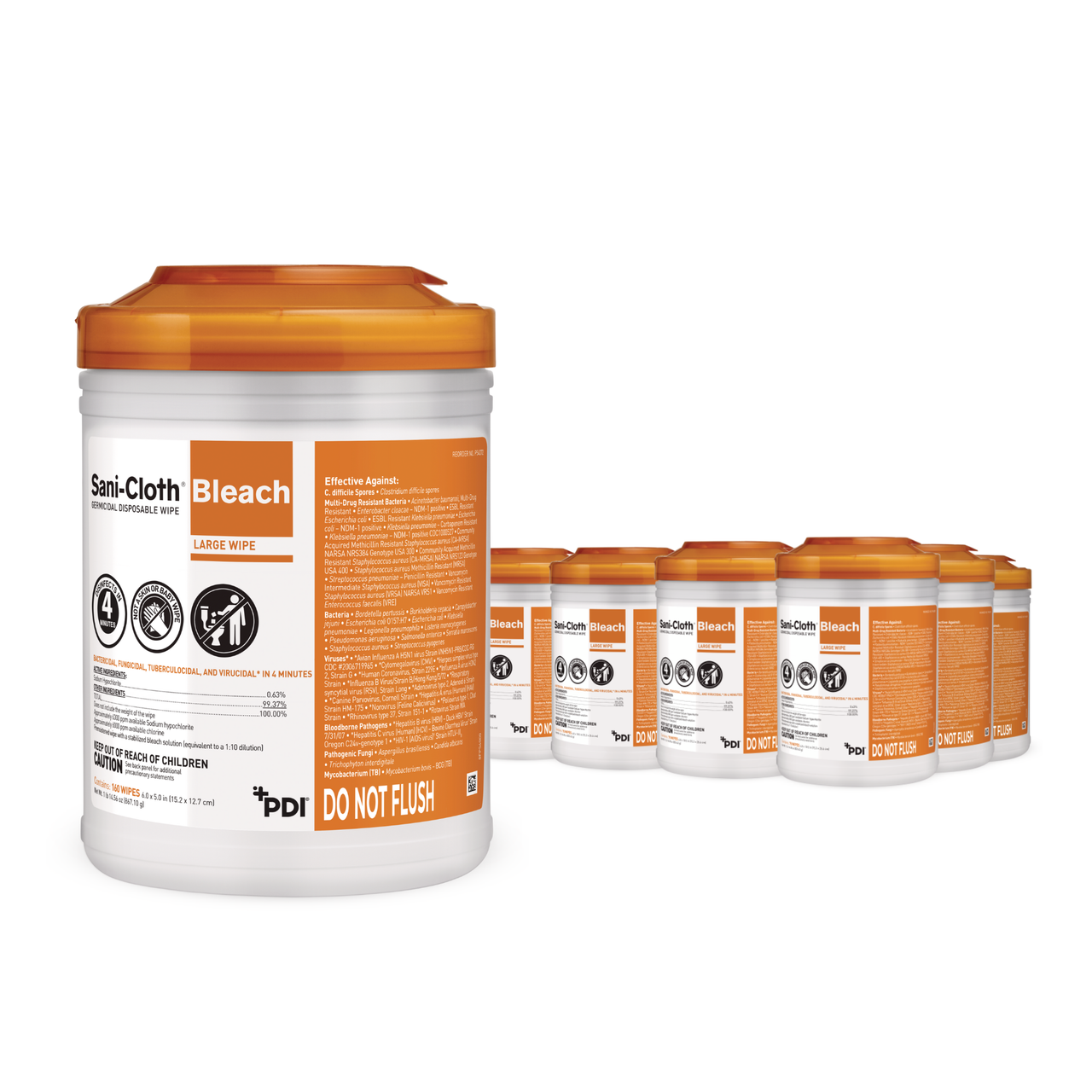 PDI SANI-CLOTH® BLEACH GERMICIDAL DISPOSABLE WIPE Bleach Germicidal Disposable Wipe, Clinical Size, 6" x 5", 160/can, 12 can/cs (30 cs/plt) (US Only)