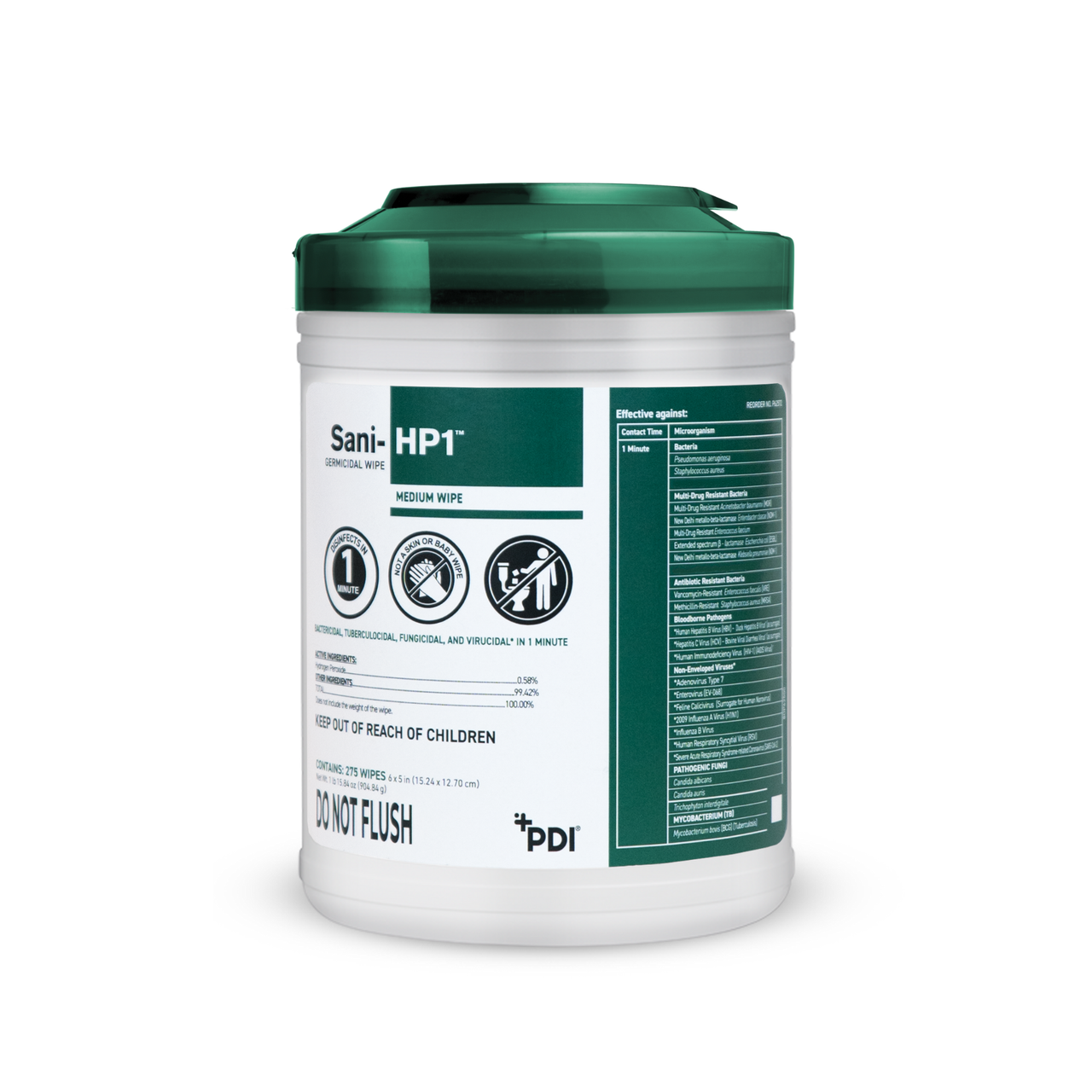 PDI SANI-HP1 GERMICIDAL WIPES Sani-HP1™ Germicidal Disinfection 1-minute Hydrogen Peroxide Disposable Wipes, Medium Wipe 6"x5", 275/CN, 12 CN/CS (US Only Excluding: Hawai)