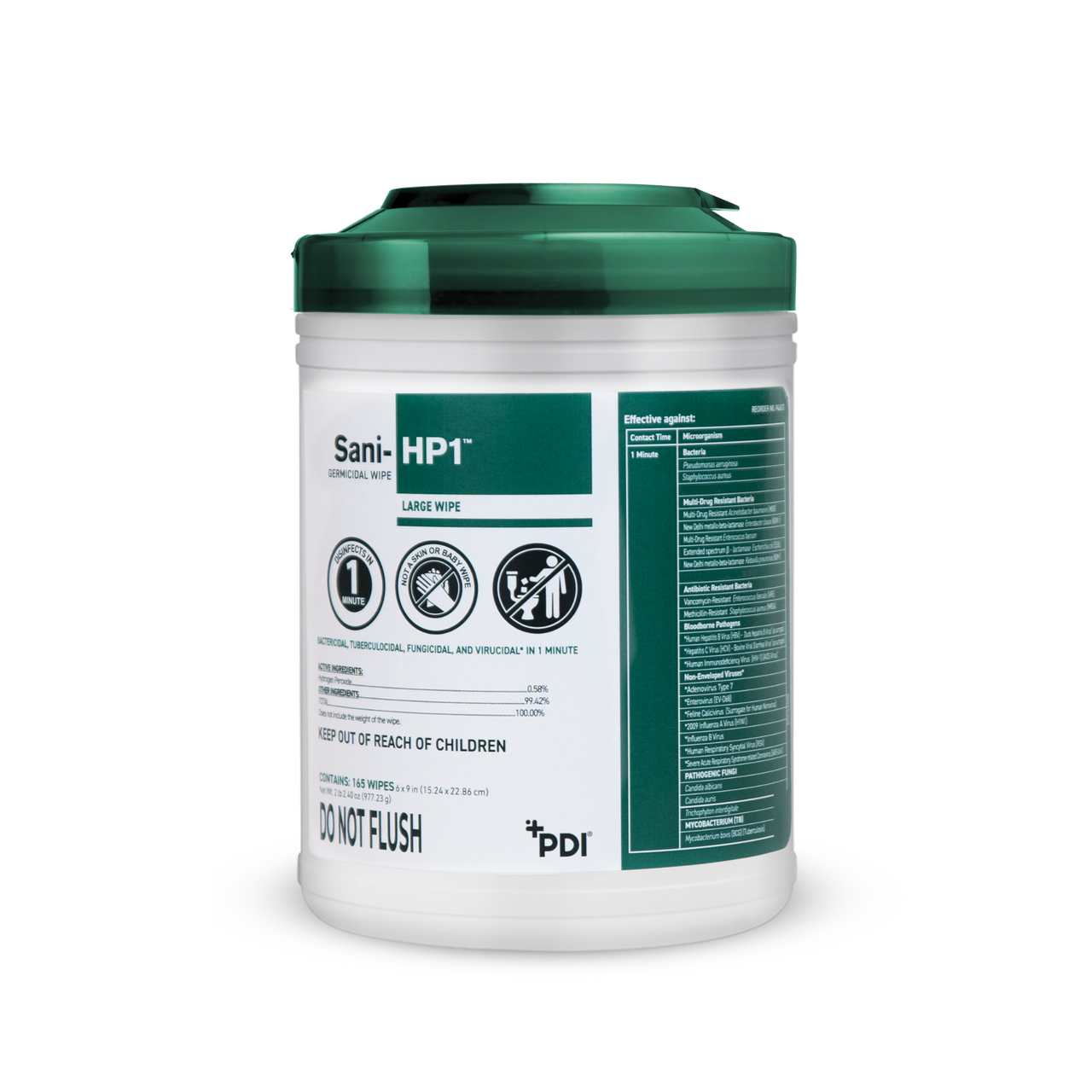 PDI SANI-HP1 GERMICIDAL WIPES Sani-HP1™ Germicidal Disinfection 1-minute Hydrogen Peroxide Disposable Wipes, Large Wipe 6"x9", 165/CN, 12 CN/CS (US Only Excluding: Hawaii)